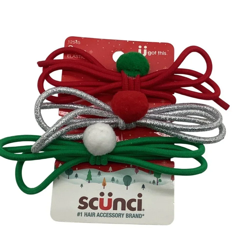 Scunci Christmas Colors Elastic No Pull Hair Ties Festive Bow Red Green 12545‎